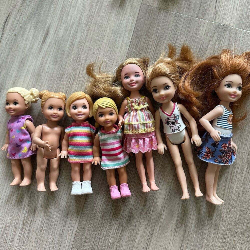 Lot of 7 Barbie Lil Sister Chelsea Friends & Toddler Dolls Blonde Hazel Green